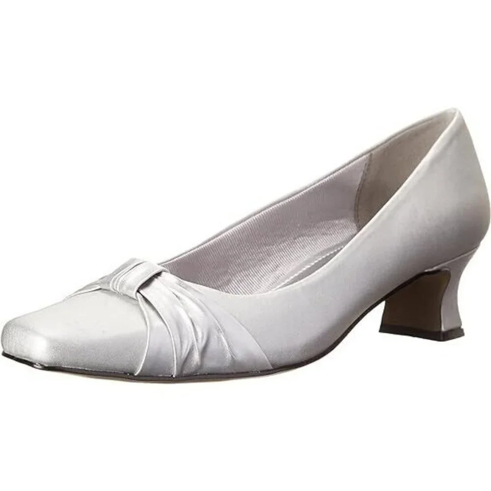 Easy Street Silver Satin Low Flare Heel Dress Pump with Bow